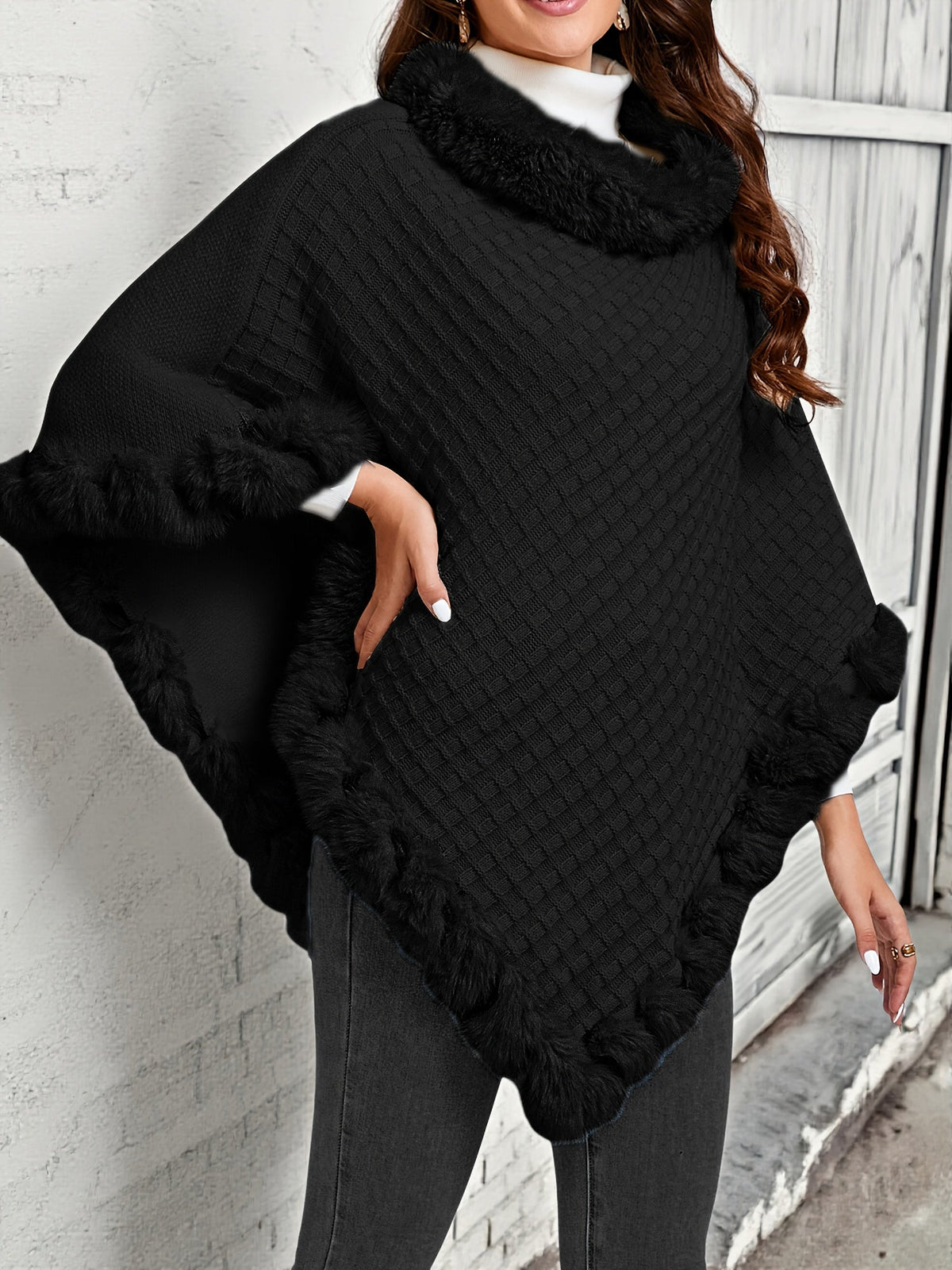 Women's Waffle Knit Shawl Poncho with Faux Fur Trim - Elegant Sleeveless High Neck Pullover, Solid Color Warm Cape Wrap for Fall Winter, 8 Colors One Size