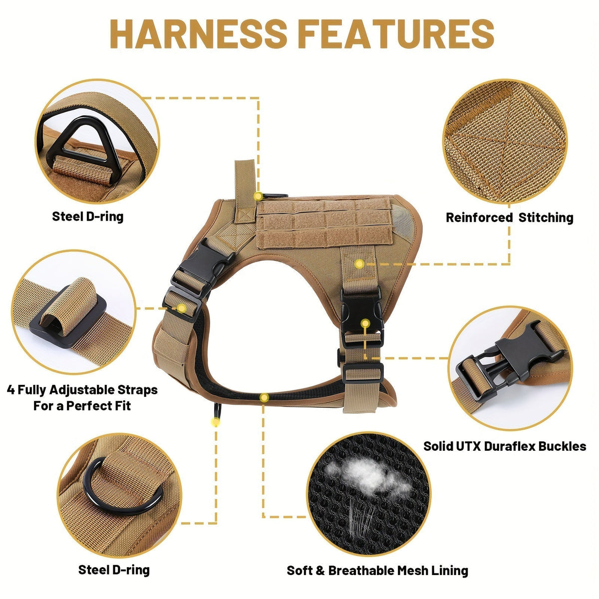 Tactical Dog Chest Harness – Military-Style No-Pull Pet Vest with Control Handle, Adjustable Secure Fit for Active Dogs, Solid Pattern, Sizes S to XL, Ideal for Training Hiking Walking