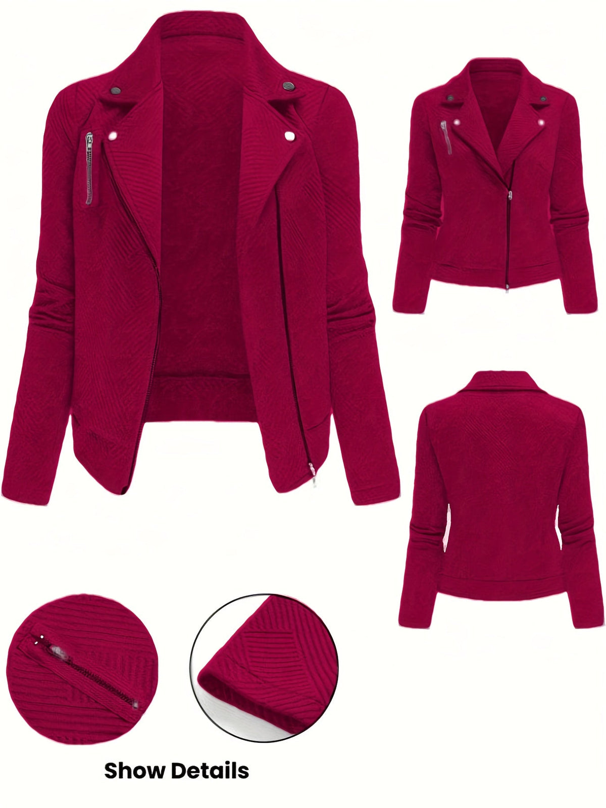 Women's Solid Color Biker Jacket Zipper Button Maze Grid Moto Coat - Stylish Casual Outerwear for Fall Winter Daily Commute Streetwear Top