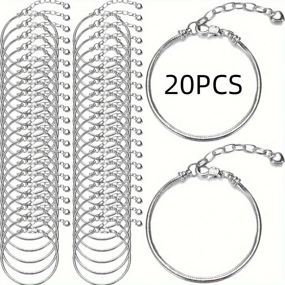 20-Piece Snake Chain Adjustable Bracelet Set 6.29 Inch Charm Bracelets with Lobster Clasp Extension Chain for Women DIY Jewelry Making Craft Supplies Beginner Gift