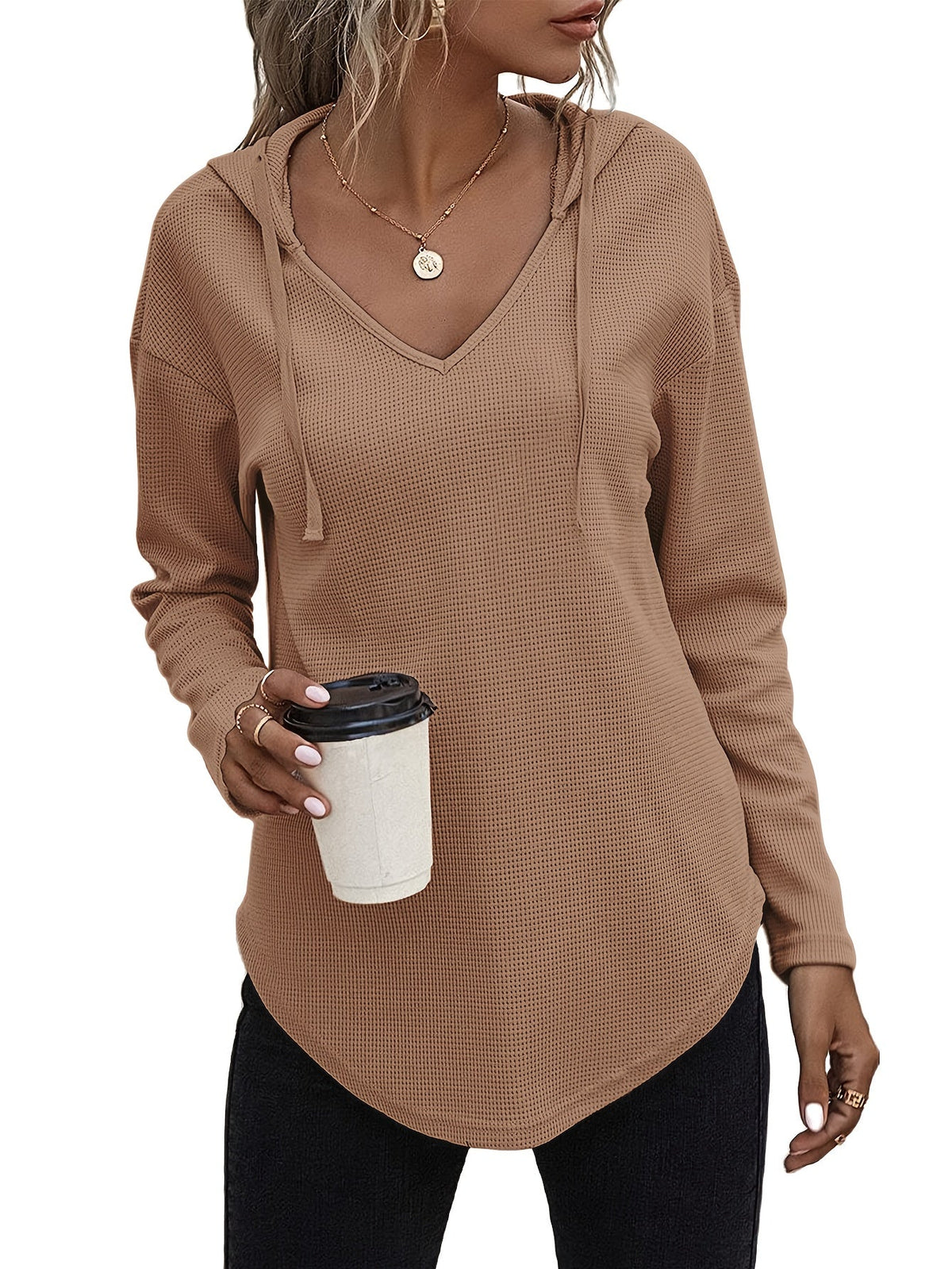 Women's Hanky Hem V-Neck Drawstring Hoodie Sweatshirt - Casual Long Sleeve Knit Hooded Pullover for Fall Winter