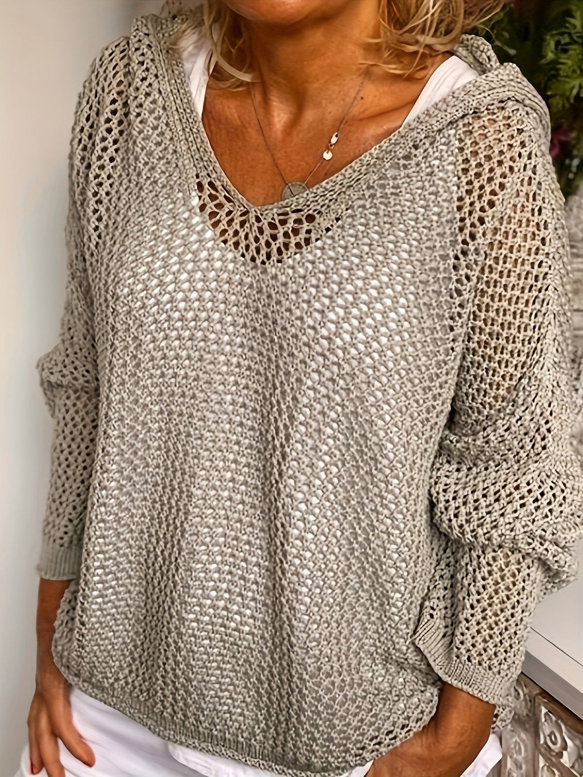 Women's Western Style Loose Hollow Out Sweater Hoodie Top - Crochet Knit Pullover Open Knit Casual Boho Shirt Yellow Green Khaki Red Grey S M L XL XXL Spring Fall