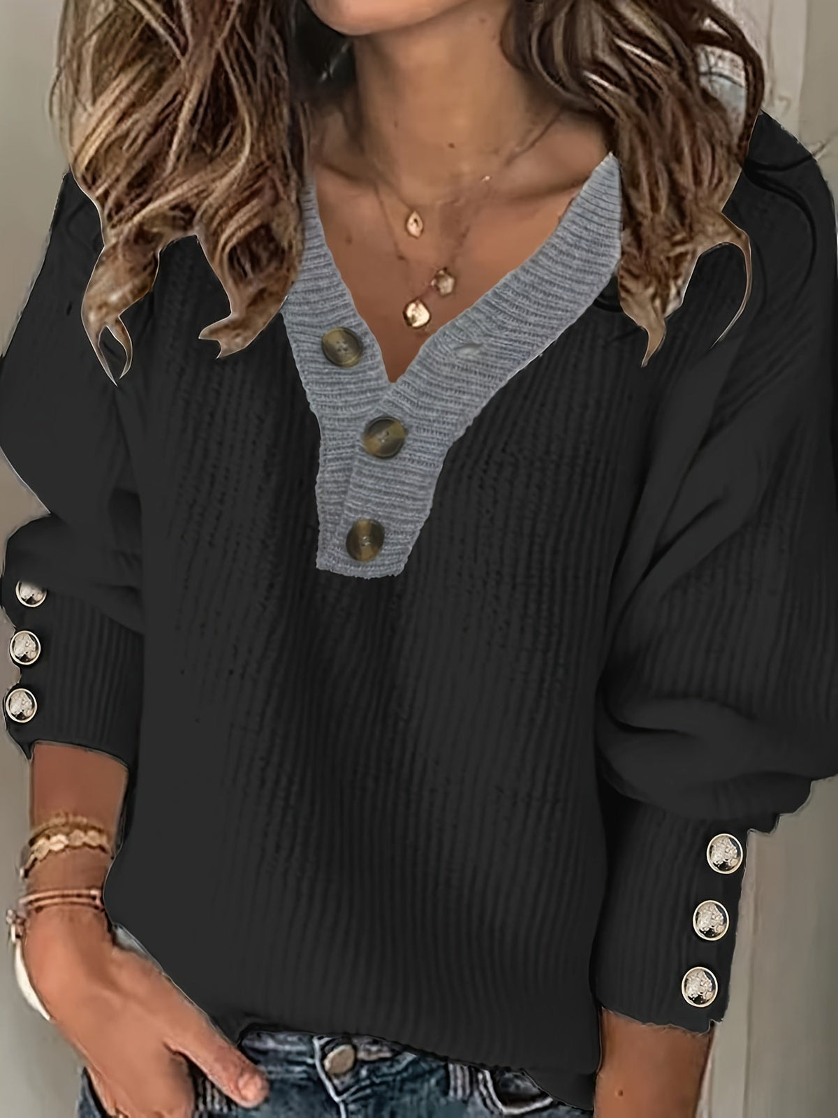Women's V-Neck Button-Decorated Pullover Sweater – Casual Solid Color Knit Top for Fall Winter, Lightweight Polyester Stretch Pullover, Sizes S-XXL, White & Sea Blue