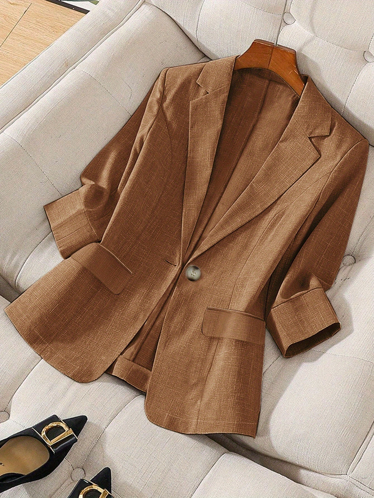 Women's Elegant Blazer Jacket 3/4 Sleeve Loose Fit Office Work Blazer Apricot Black Navy Olive Violet S M L XL XXL