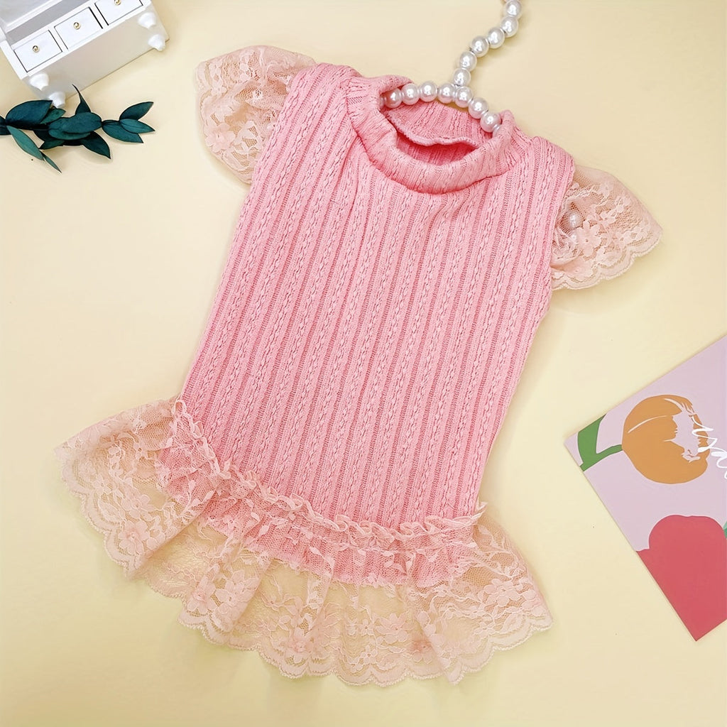 High Neck Flutter Sleeve Knit Dress for Dogs and Cats – Warm Autumn Winter Pet Sweater Dress, Soft Knit Pullover Skirt for Small Medium Pets, S M L XL, Pink Cozy Holiday Pet Outfit