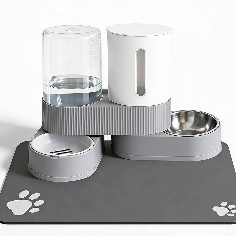 Gravity Cat Feeder 2 Pack - Automatic Food Feeder and Water Dispenser Set with Detachable Pet Bowl & Silicone Mat for Cats Small Medium Dogs Large Capacity Gravity-Fed No Electricity Needed Pet Feeding Station