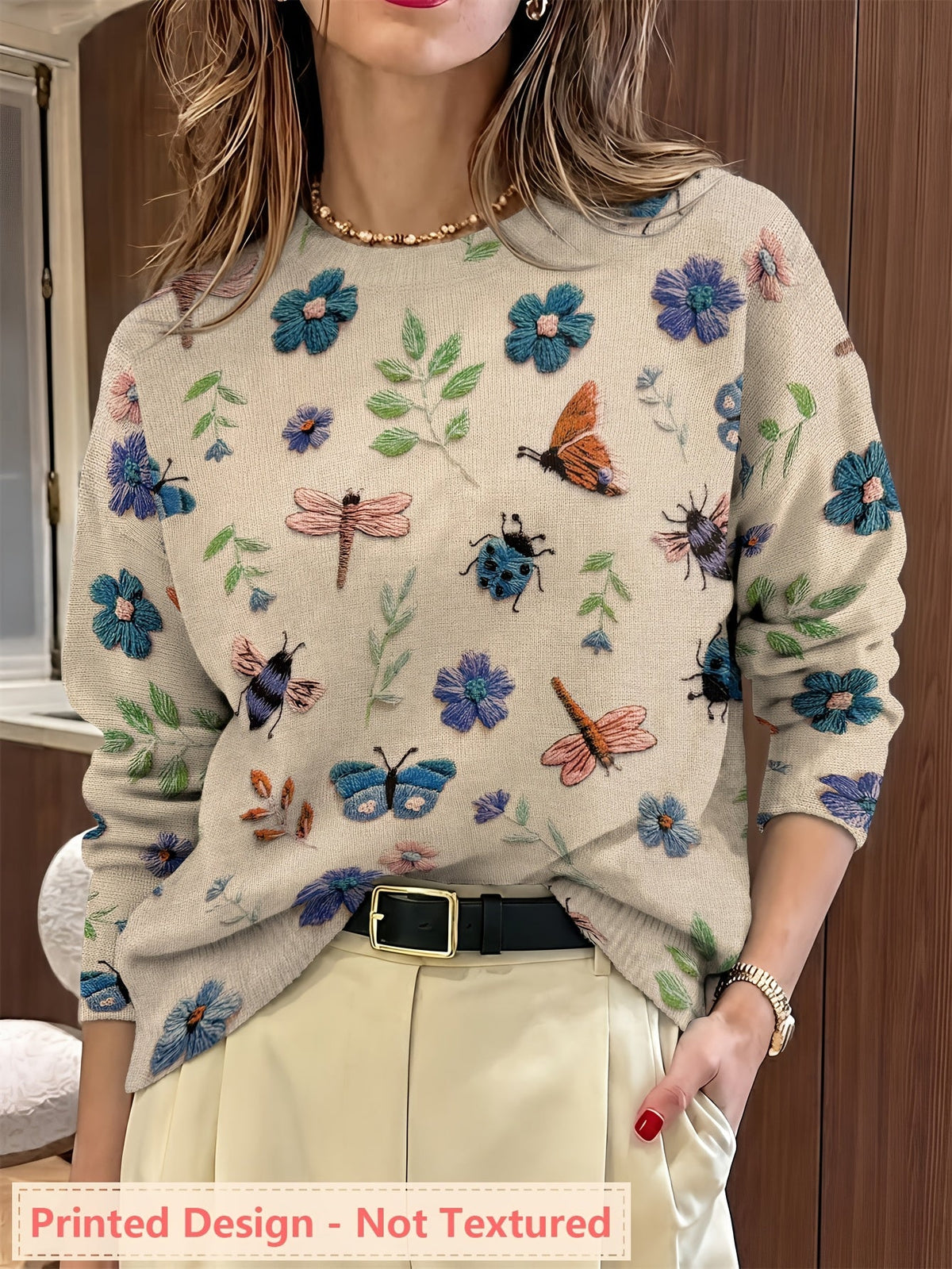 Women's Insect Floral Print Sweater Casual Long Sleeve Crew Neck Pullover Knit Top for Autumn Winter | Lightweight Soft Stretch All-Over Pattern