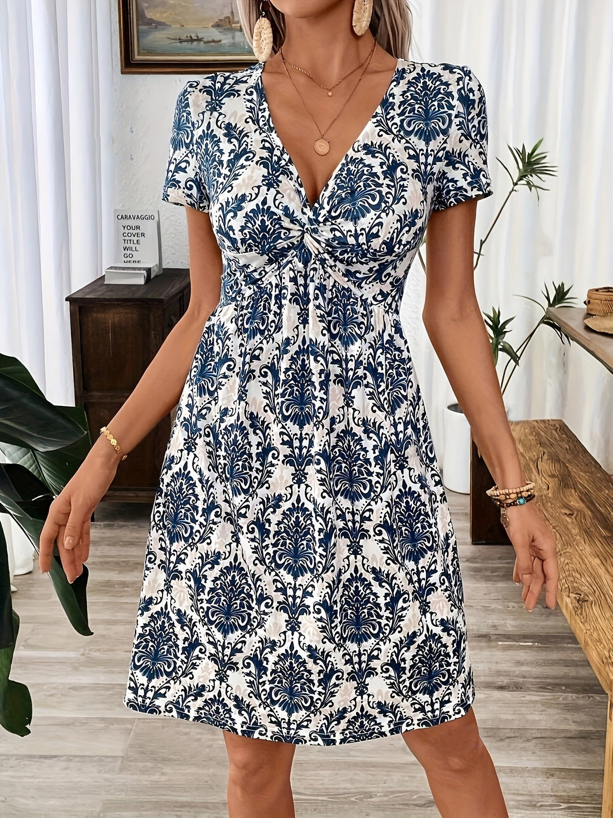 Women's Leopard Print V-Neck Fit & Flare Twist Dress - Knit Polyester Stretch Midi Dress Blue S M L XL XXL Casual Party Date Night Fashion