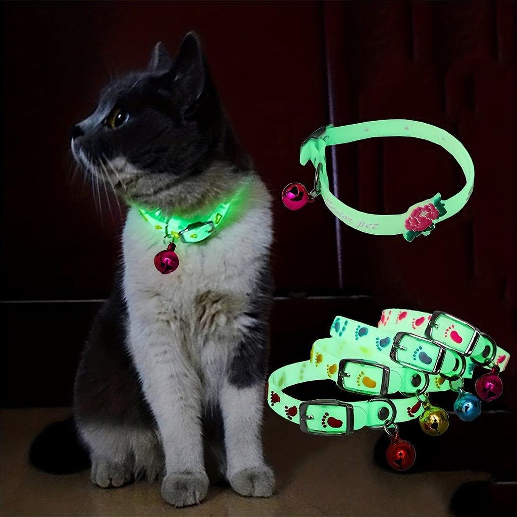 4-Pack Glow in the Dark Cat Collar with Bell Night Safety Reflective Glowing Collars for Outdoor Cats Blacklight Reactive Mixed Colors One Size Fits Most