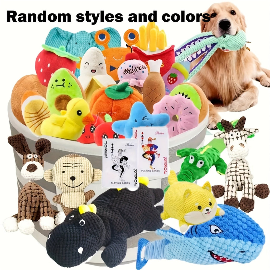 Cartoon Plush Squeaky Dog Toys 5 or 10 Pack - Random Style Stuffed Animal Squeeze Sound Toys for Puppies & Small Dogs, Fun Gift Set Bundle