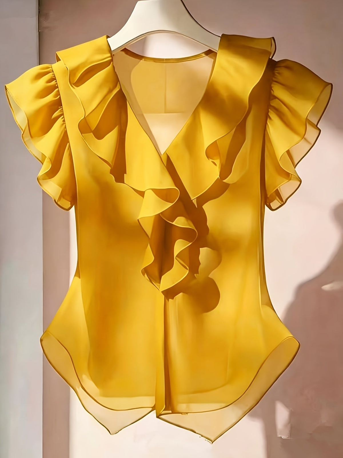 Women's French Ruffle Short Sleeve Chiffon Top – Solid Color Flyaway Casual Summer Blouse in 21 Colors, 100% Polyester Woven