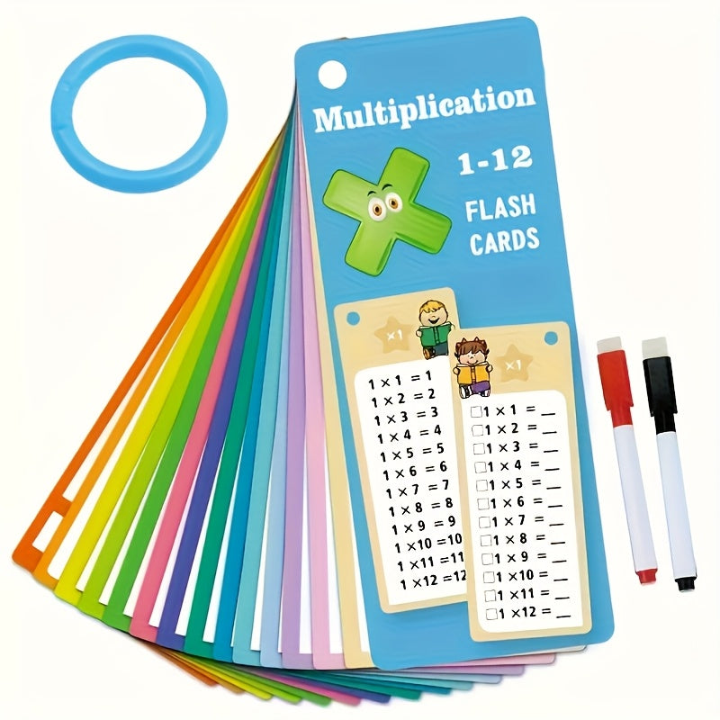 Multiplication Flash Cards 16pcs Reusable Writable Math Flashcards 1-12 Times Tables for Students Teachers Self-Assessment Dry Erase Markers Included Colorful Durable Math Learning Tool Christmas Gift