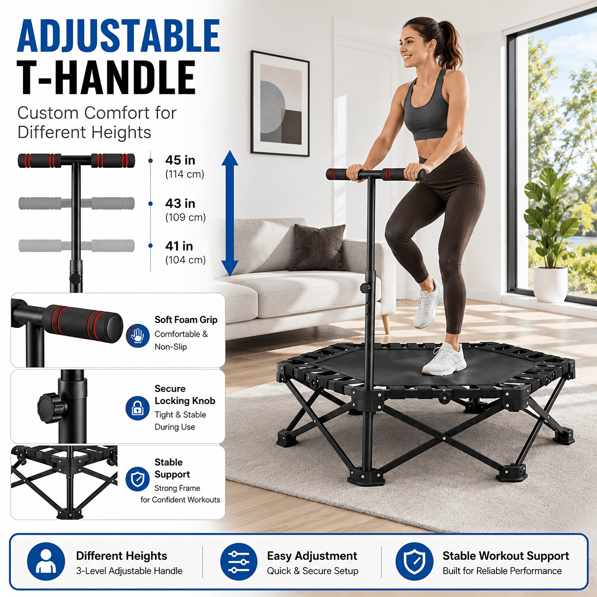 42-Inch Foldable Mini Rebounder Trampoline for Adults – Springless Fabric Strap System, 300 LB Capacity, Compact Indoor Fitness Bouncer for Home Gym, Cardio & Leisure Exercise, Space-Saving Design