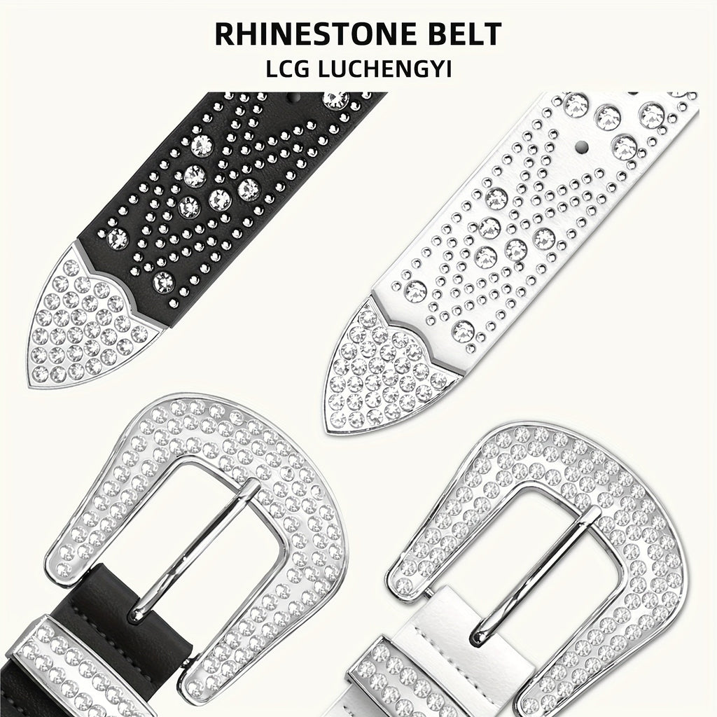 Studded Rhinestone Belt for Men & Women – Bling Y2K Western Cowboy Cowgirl Faux Leather Belt with Gold Metal Buckle, Punk Style, Sizes 28–44