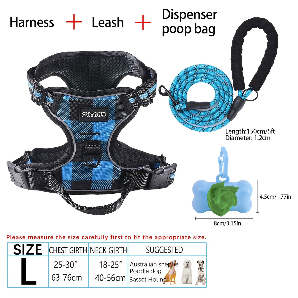 4-Piece Dog Harness and Leash Set No-Pull No-Choke Reflective Oxford Vest Harness with Leash Poop Bag Dispenser Easy Control Handle for Medium Large Dogs Outdoor Training Walking