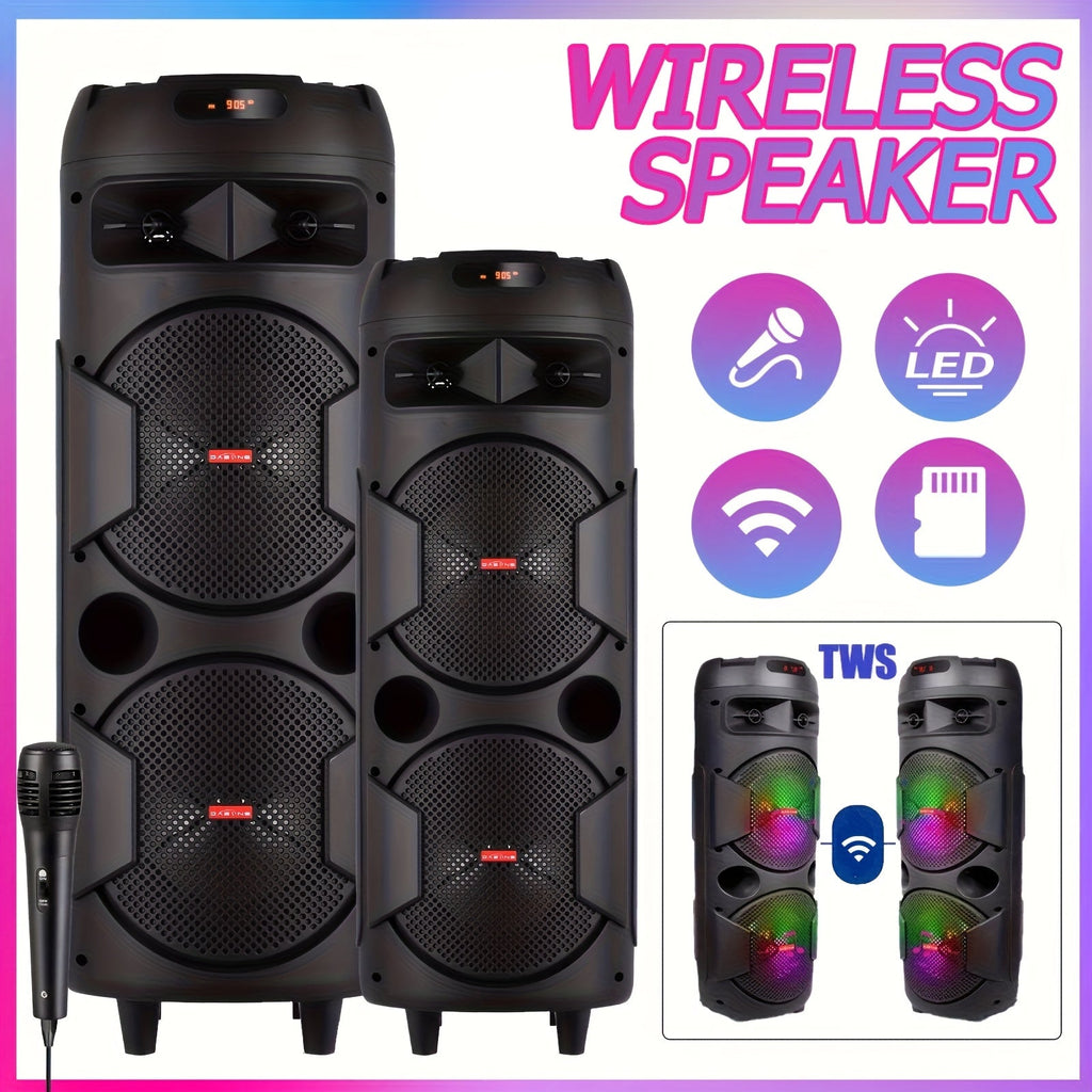 6000W Dual 8" Portable Wireless PA Speaker System – Rechargeable 1800mAh Battery, Wired Mic, Party Lights, Subwoofer, USB/AUX/FM for DJ, Outdoor & Party