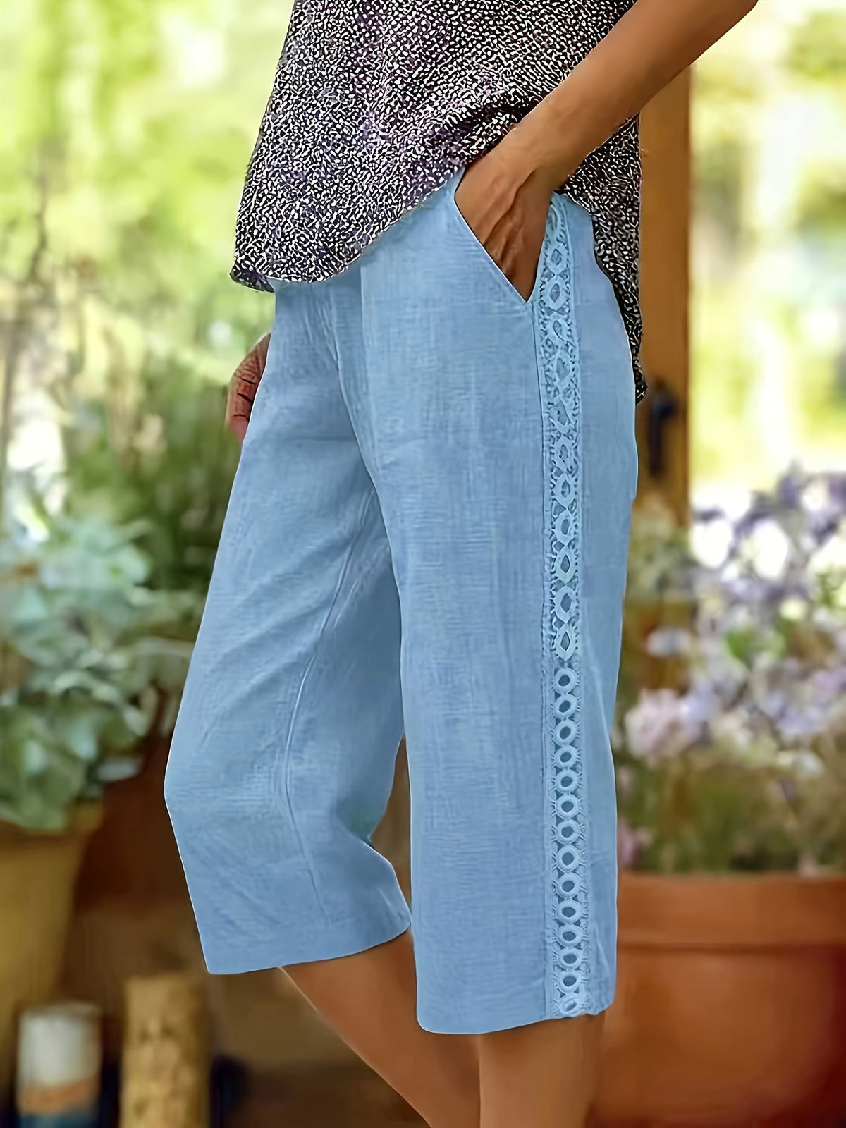 Women's Capri Pants Side Lace Elastic Waist Diagonal Pockets Casual Three Quarter Length Pants Green Black White Grey Sky Blue Khaki S-XXL
