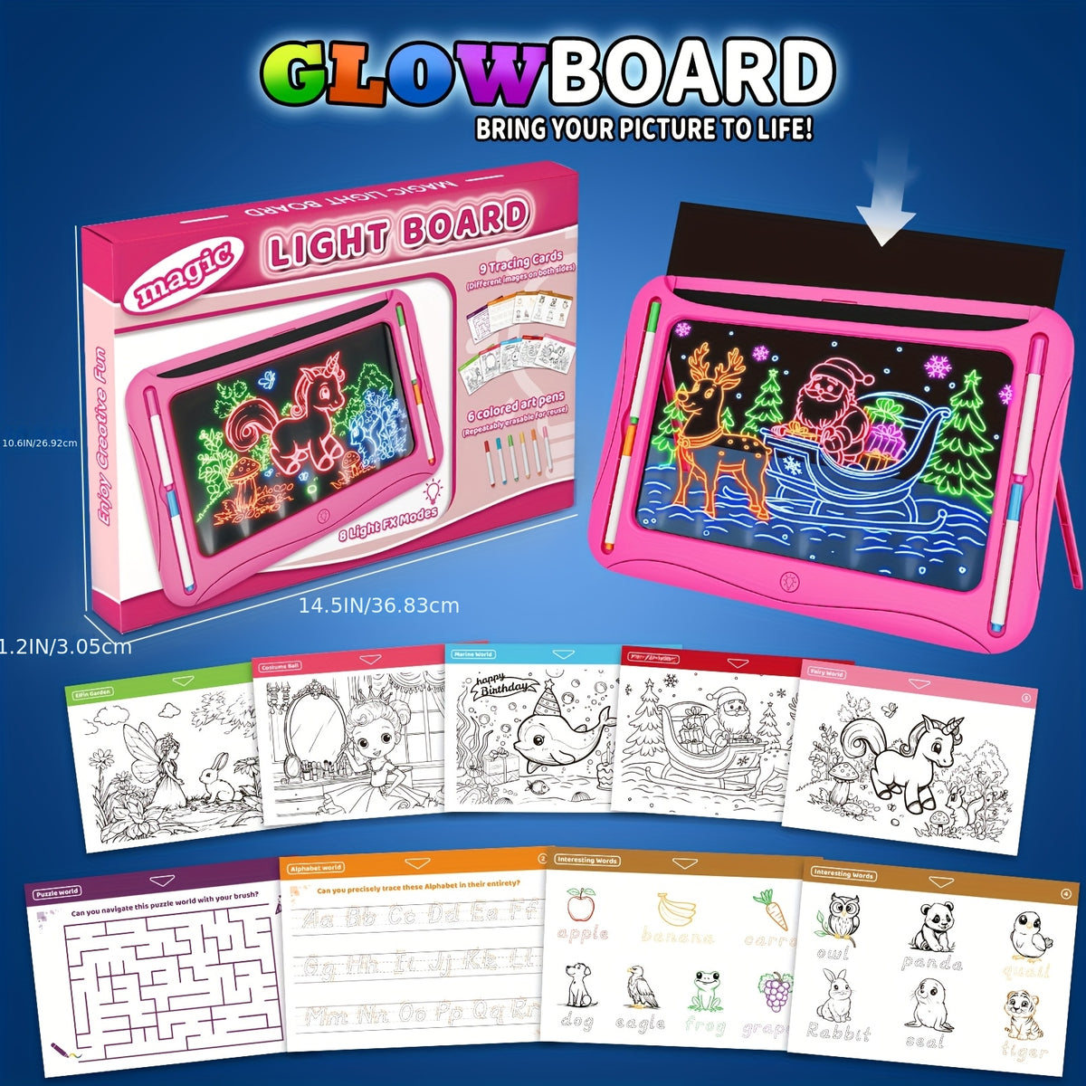 LED Light Up Drawing Board for Kids 8 Light FX Modes Doodle Tracing Art Set with 9 Double-Sided Cards 6 Washable Markers Flip Stand Creative STEM Toy Birthday Christmas Gift Girls Boys Ages 3-8