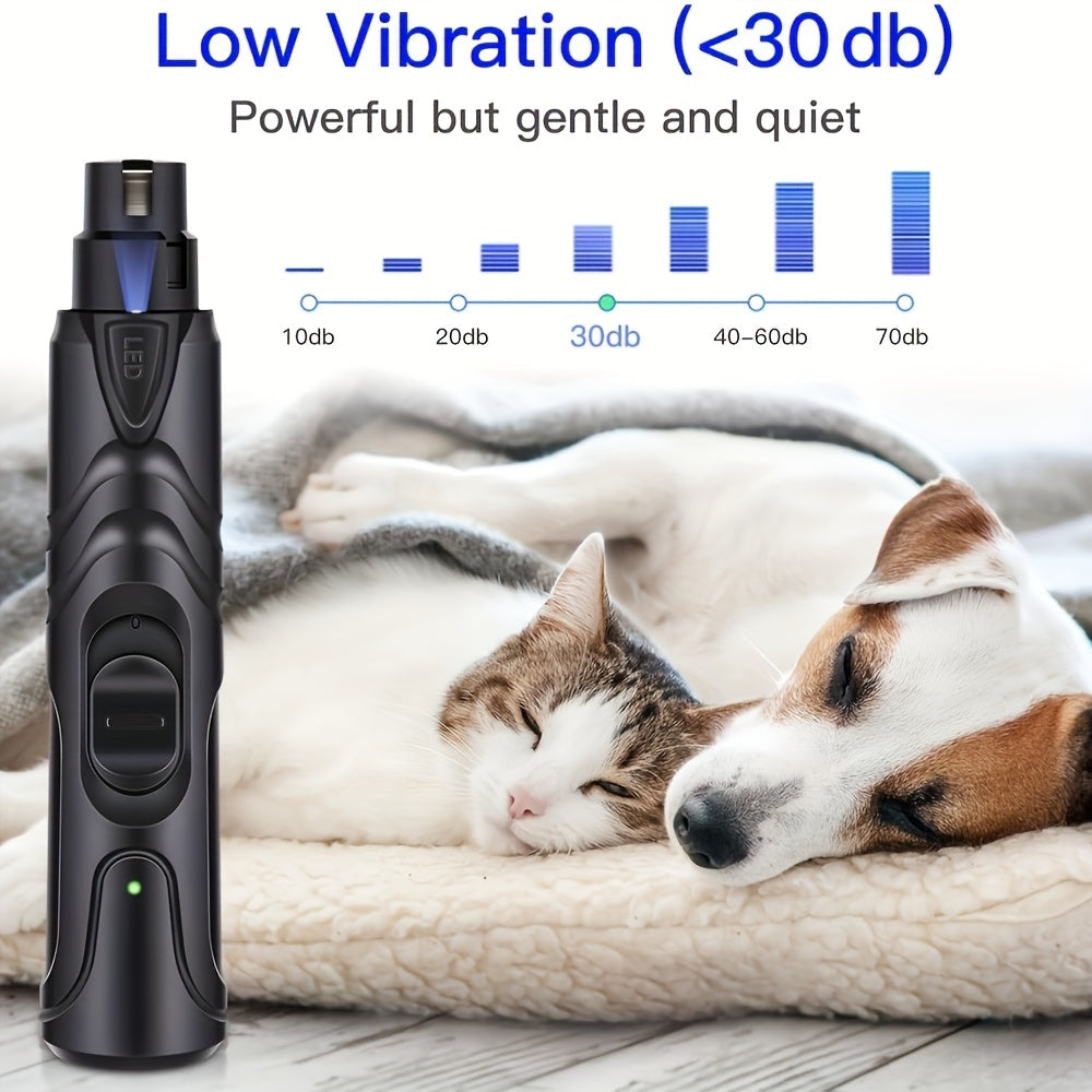 Rechargeable Dog Nail Grinder with LED Light - Quiet Painless Electric Nail Trimmer for Large Medium Small Dogs, 2-Speed Settings, Portable USB Grooming Tool for Home & Travel Pet Nail Care