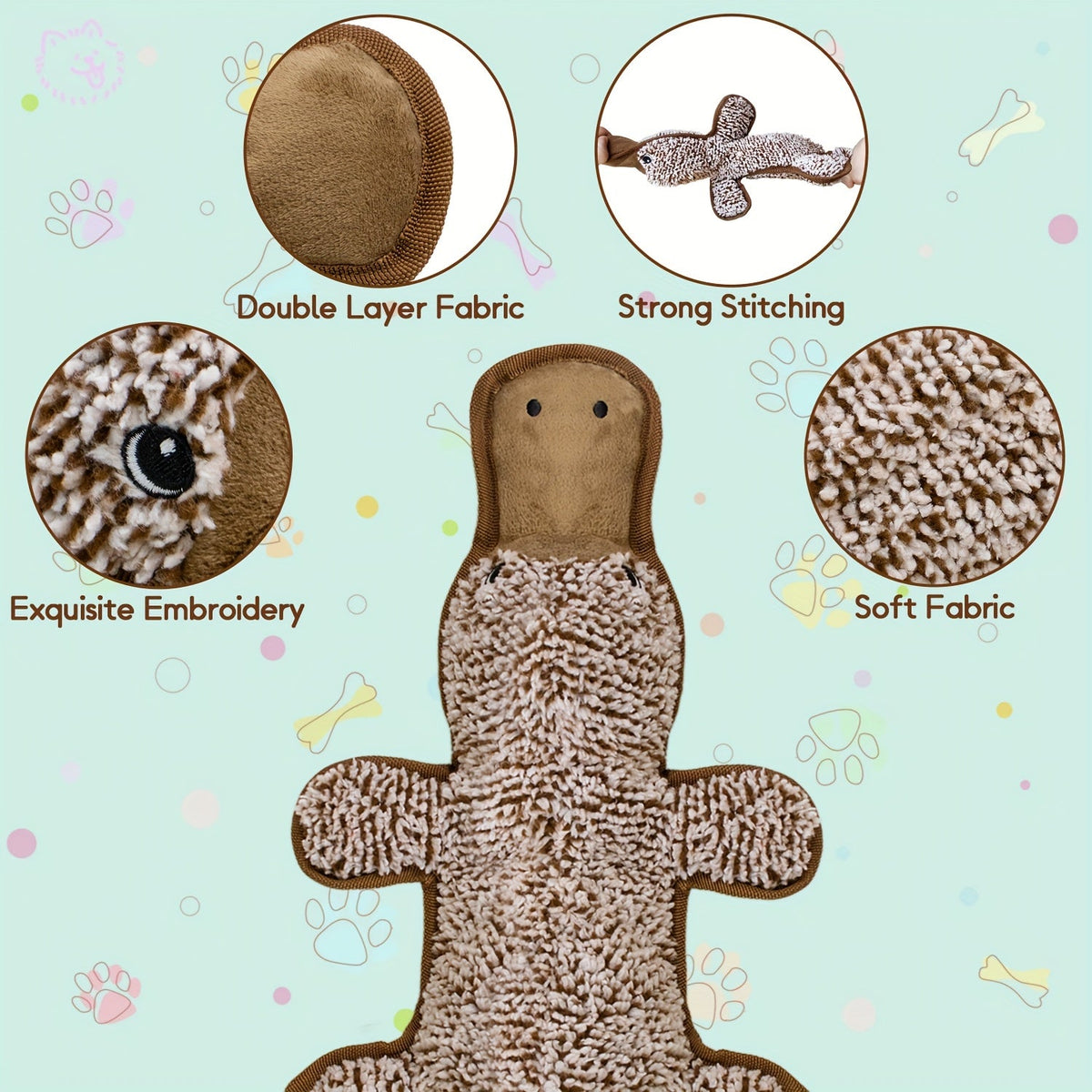 Crinkle Platypus Dog Toy – No Stuffing Soft Squeaker Plush Chew Toy for Small and Medium Breeds, No-Mess Indoor Puppy Toy for Puppies and Senior Dogs, Safe Lightweight Play Toy Without Battery, Brown
