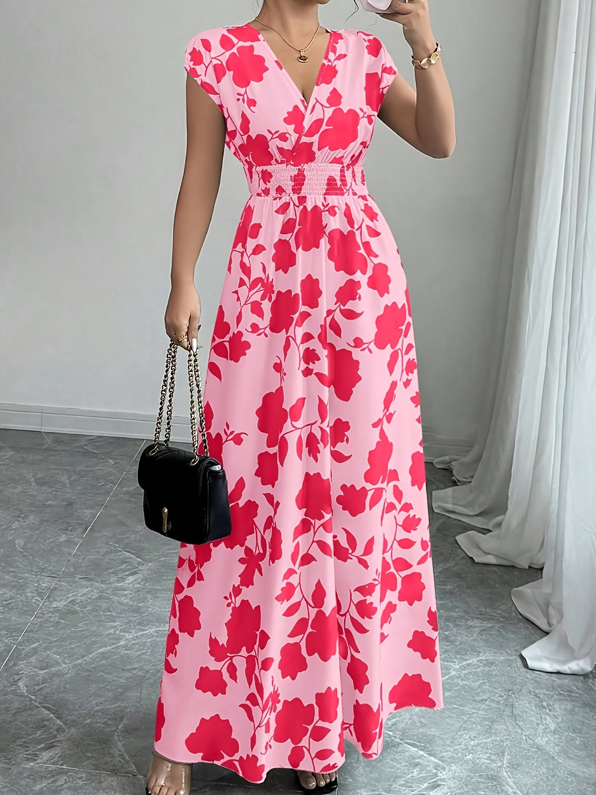 Women's Pink Floral Maxi Dress - V-Neck Short Sleeve Cinched Waist A-Line | Elegant Casual Formal Spring Fall Flowing Dress New Arrival