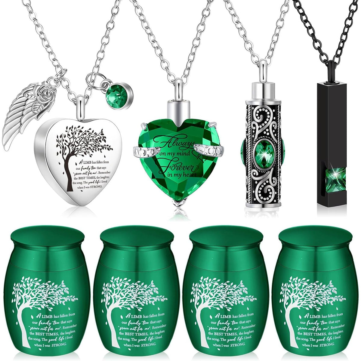 8-Piece Small Cremation Urns for Ashes – Alloy Keepsake Ash Holder Set with Family Tree Memorial Heart Locket Pendant for Adults Men & Women, Burial & Cremation Remembrance Gift, 8 Colors