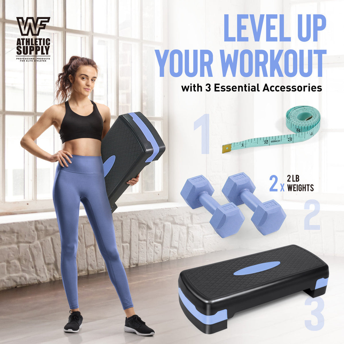 Aerobic Stepper Set with 2 Dumbbells & Measuring Tape – Adjustable Height 4"-6" Non-Slip Exercise Step Platform 550LB Capacity, Home Gym Workout Gift, Blue Green Pink