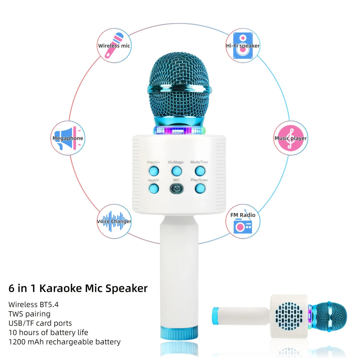 5-in-1 Wireless Karaoke Microphone with Built-In Speaker, LED Lights & Voice Changer – Portable Bluetooth Singing Mic for Parties, Family Gatherings, Travel & Outdoor Fun, 10 Colors