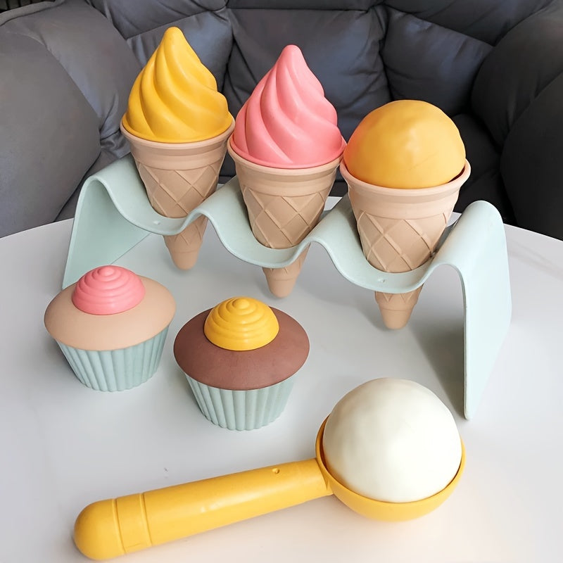 Ice Cream Toy Set 7 Piece with Sand Digging Tools Scoop Cone Pretend Play Outdoor Beach Sandbox Toy for Toddlers Kids Summer Gift Party Favor