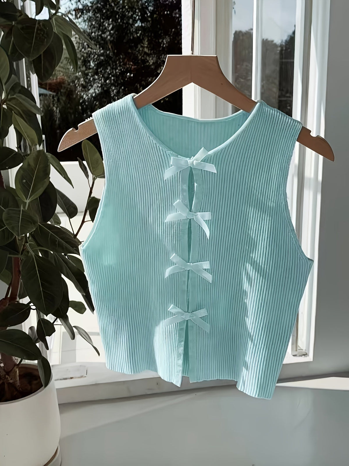 Women's Bow-Tie Striped Crop Vest - Sexy Tight Stretchy Knit Tank Top, 100% Polyester Crew Neck, Y2K Summer Cami Sleeveless Top for Going Out