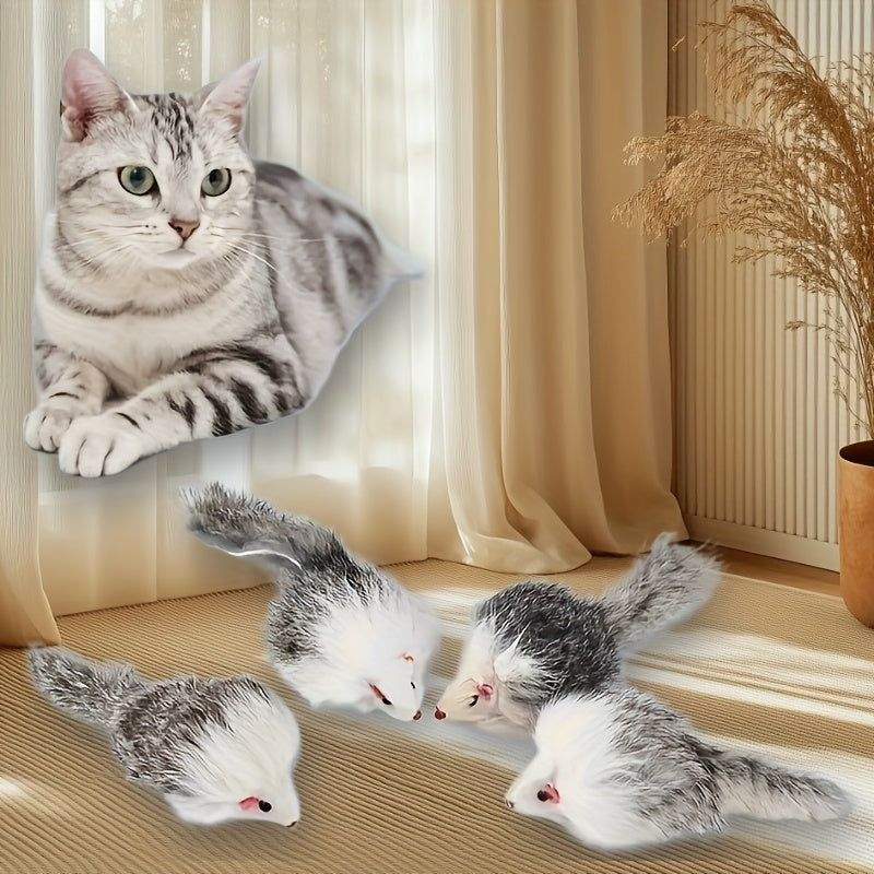 Plush Mouse Cat Toys Set 3 or 5 Pack - Realistic Simulation Long-Haired Mice with Two-Color Plastic Body, Interactive Indoor Cat Play and Exercise Toy for Kittens and Adult Cats