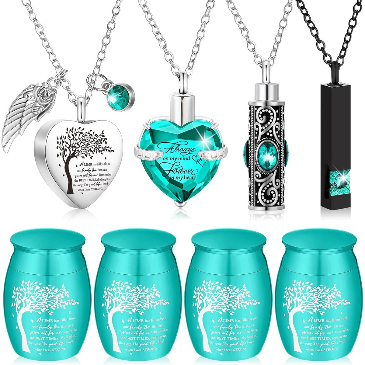 8-Piece Small Cremation Urns for Ashes – Alloy Keepsake Ash Holder Set with Family Tree Memorial Heart Locket Pendant for Adults Men & Women, Burial & Cremation Remembrance Gift, 8 Colors