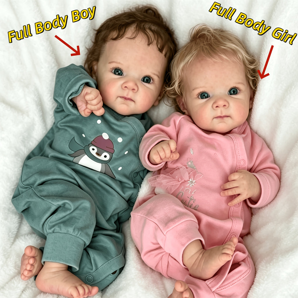 Lifelooking 18-Inch Reborn Baby Twins Set – Realistic Newborn Dolls with Soft Full Vinyl Body, Implanted Curly Hair, Pacifiers, Diapers & Birth Certificates, Role Play Gift for Kids Ages 3+