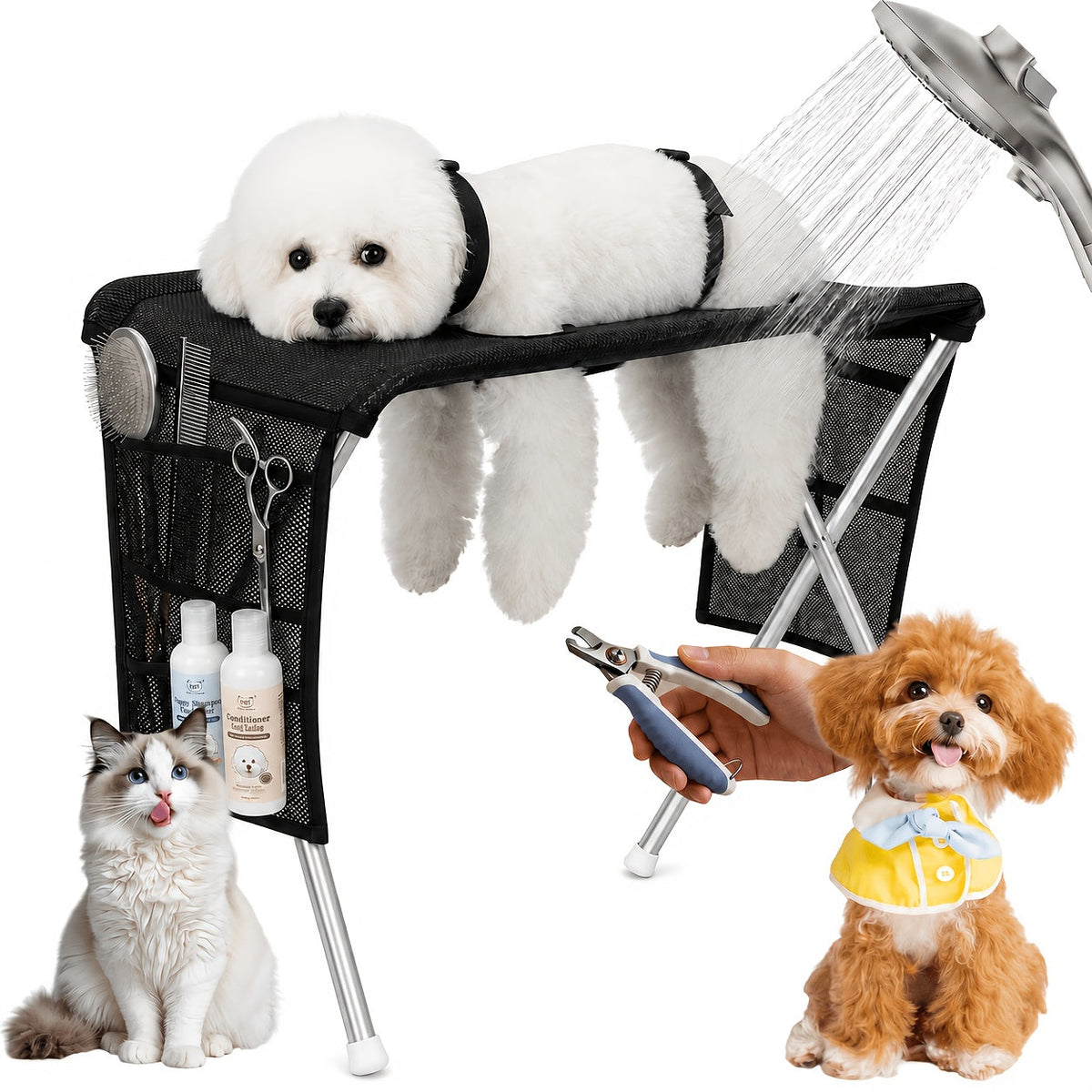 Foldable Pet Grooming Table for Small Dogs & Cats – Stainless Steel Frame, Non-Slip Surface, Storage Bag, 30 lb Capacity, Nail Trimming & Bathing Station, Black