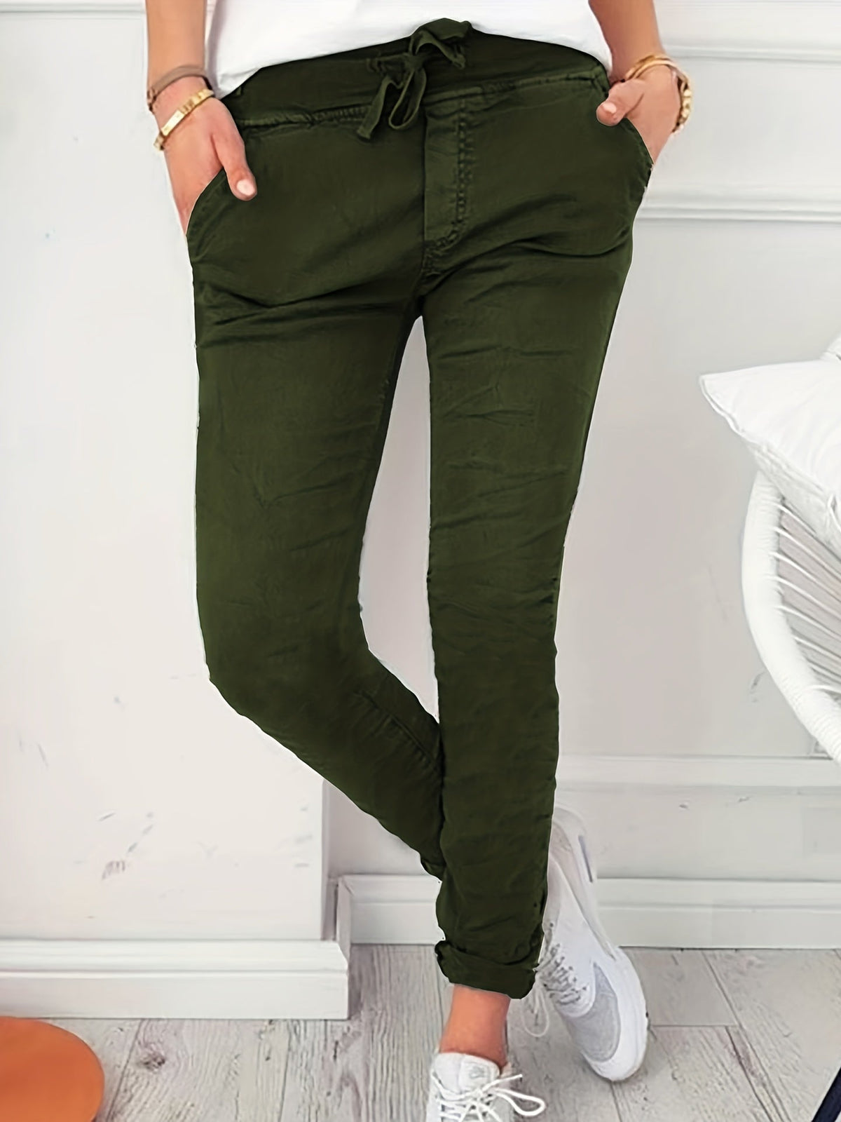 Women's Skinny Pants Elastic Drawstring Waist Slim Fit Long Length Casual Pants Black Navy Apricot Olive Green S M L XL XXL Spring Fall