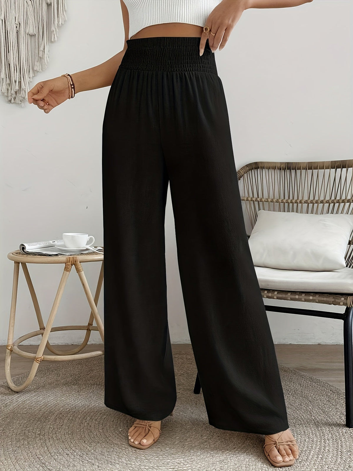 Women's High-Waist Elegant Solid Color Pants Smooth Micro Elasticity Trousers - Casual Chic Machine Washable Bottoms for Spring Summer Fall Office Daily Wear