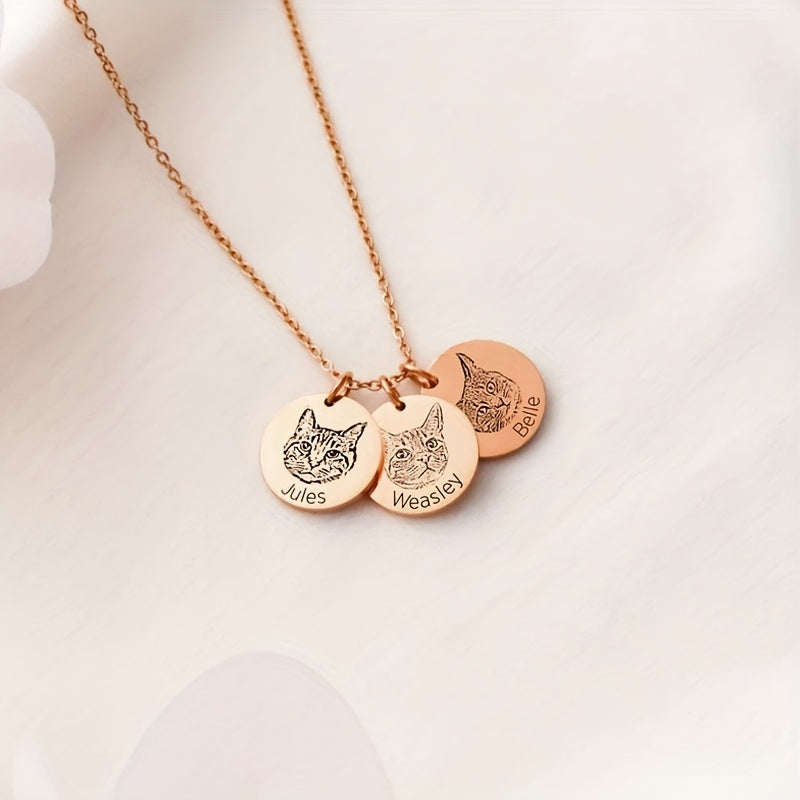 Personalized Pet Photo & Name Necklace - Custom Engraved Stainless Steel Circle Pendant for Pet Lovers, Handmade Dog Cat Memorial Jewelry Gift for Birthday Christmas, Gold & Rose Gold