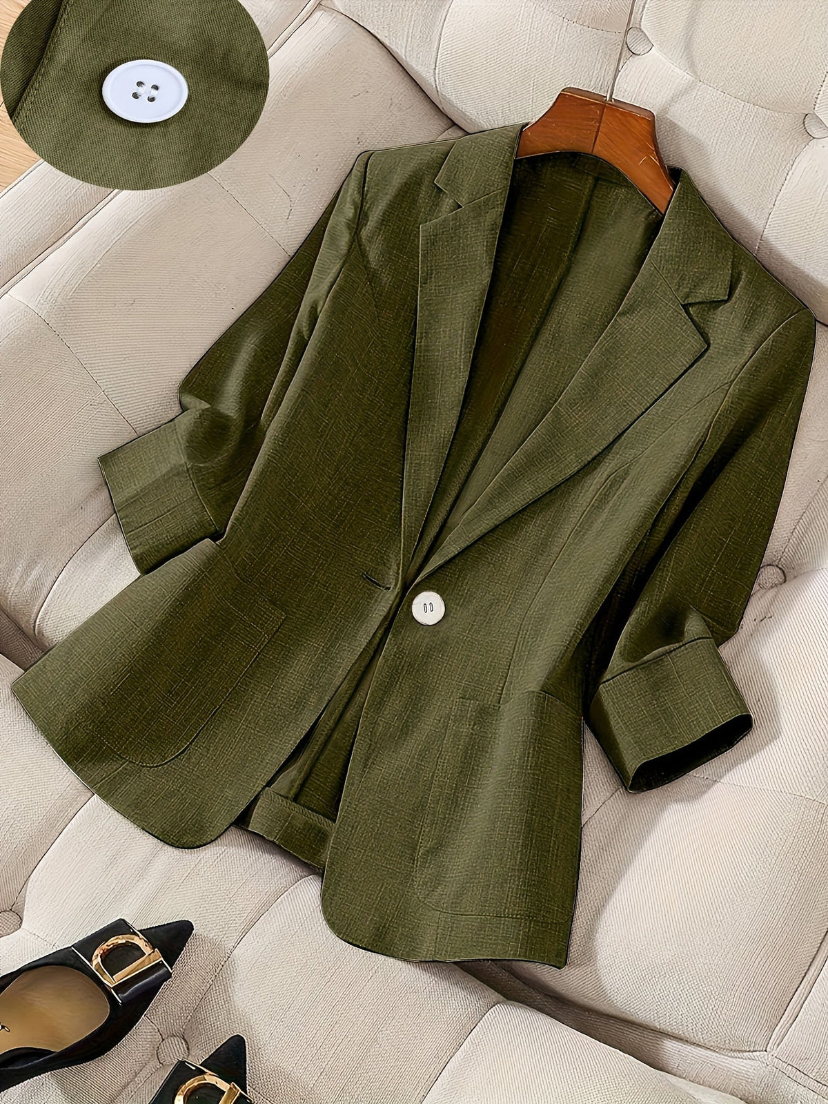 Women's Single Button Blazer Jacket 3/4 Sleeve Lightweight Suit Coat | Elegant Casual Outerwear for Spring Summer Fall | Office Work Business Professional Solid Color Blazer S M L XL XXL