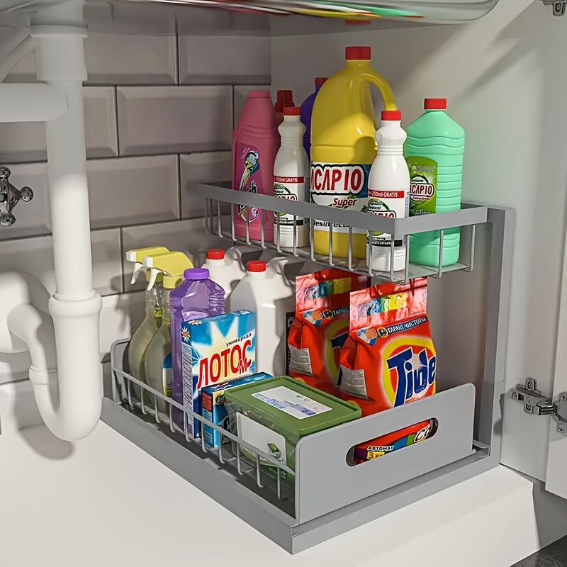 Under Sink Organizer Pull Out 2-Tier Slide Out Cabinet Shelf Kitchen Bathroom Storage Rack Utility Organizer – Black White Light Grey, 1 or 2 Pack