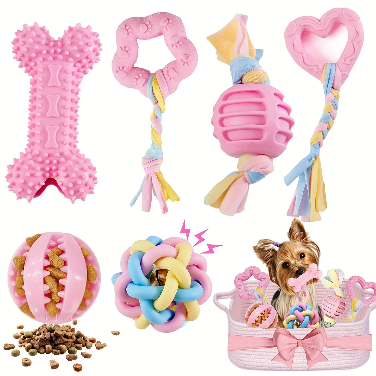 Soft Rubber Dog Chew Toys 6pcs – Teething Toys for Small Dogs, Interactive Teeth Cleaning Chew Set, 4 Colors: Purple, Green, Blue, Pink