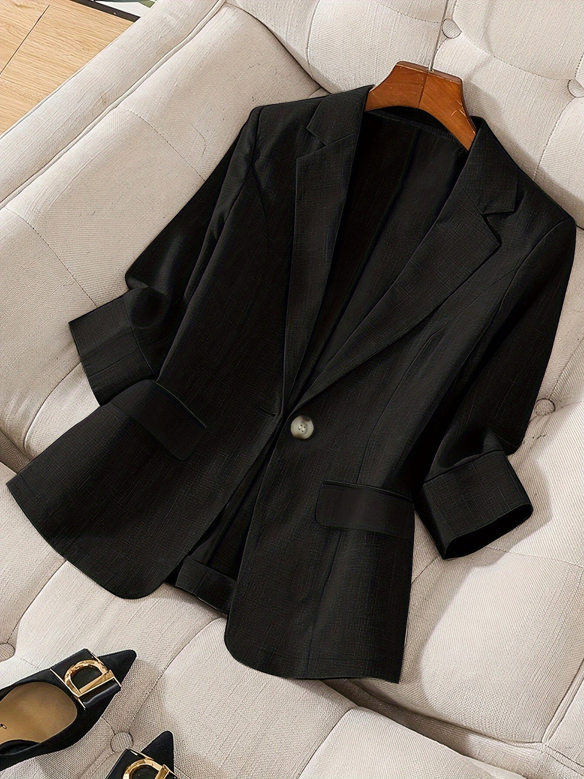 Women's Elegant Blazer Jacket 3/4 Sleeve Loose Fit Office Work Blazer Apricot Black Navy Olive Violet S M L XL XXL