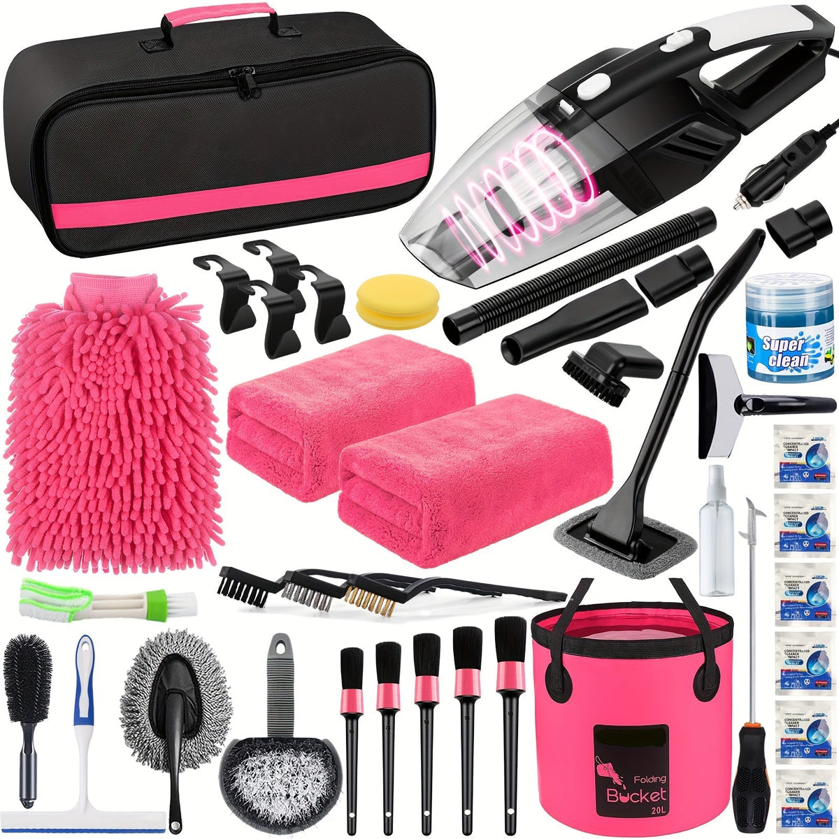 Car Wash Detailing Kit 19 or 41 Piece with Handheld Vacuum Collapsible Bucket Windshield Tool Tire Brush Snow Shovel Cleaning Gel Complete Car Care Set Yellow Pink