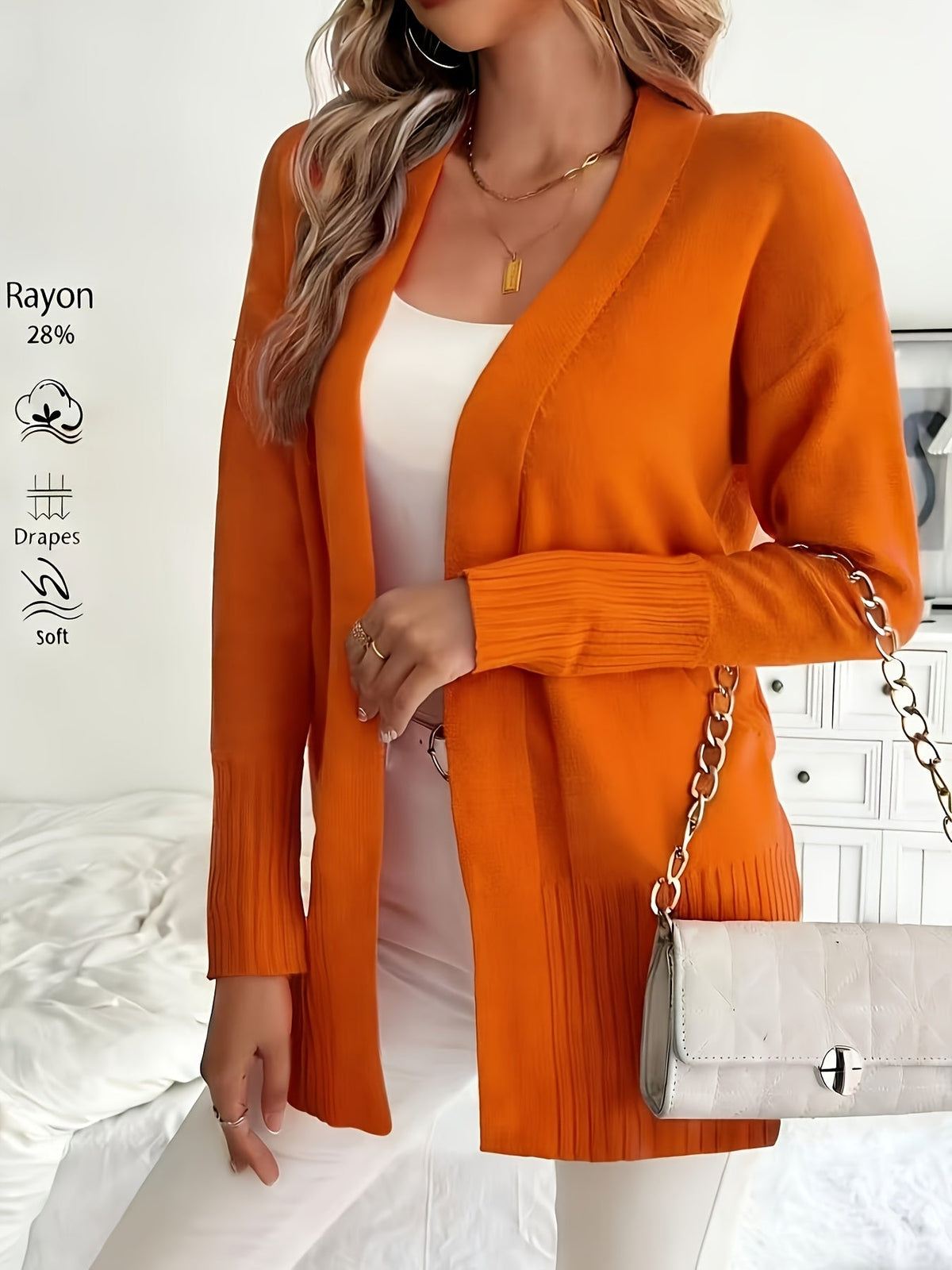 Women's V-Neck Drop Shoulder Long Cardigan Sweater – Loose Fit Soft Knit in 16 Colors for Autumn & Winter, 46% Acrylic 28% Viscose 26% Nylon