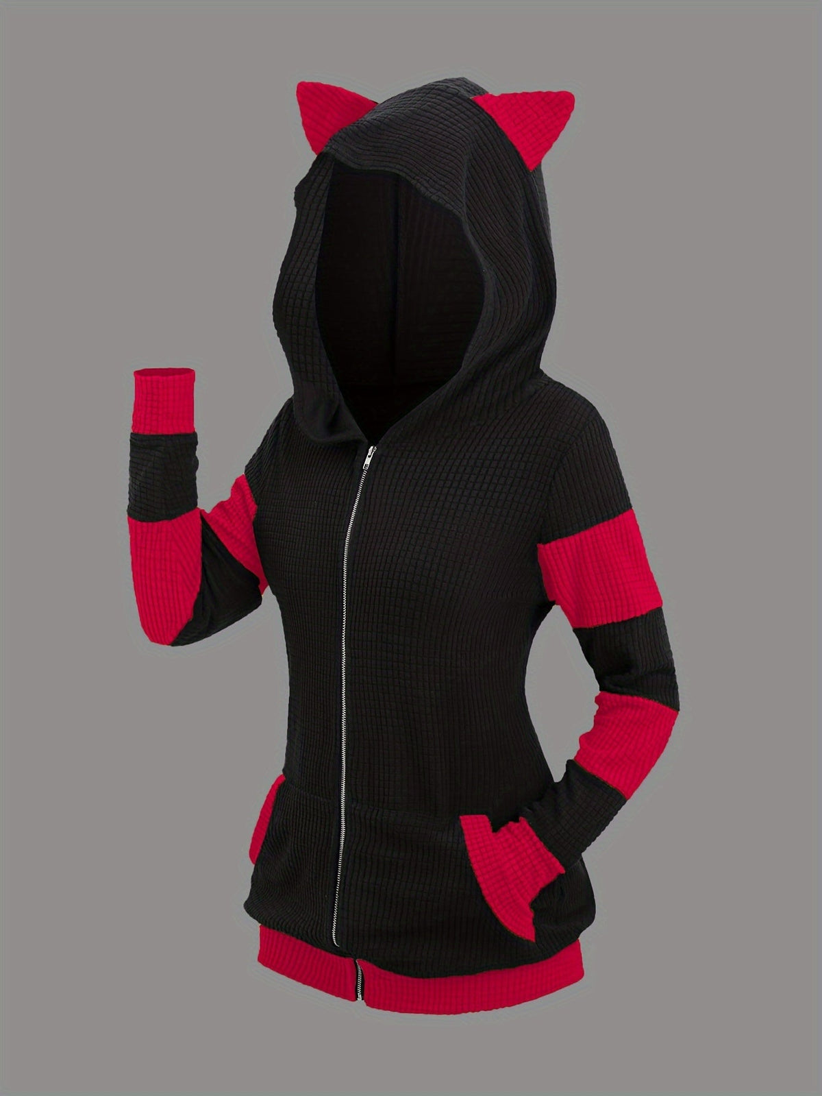 Cat Ear Hooded Sweatshirt Jacket Women Color Block Mid-Length Zip Up Hoodie Fall Winter – Thickened Warm Casual Outerwear S-XXL