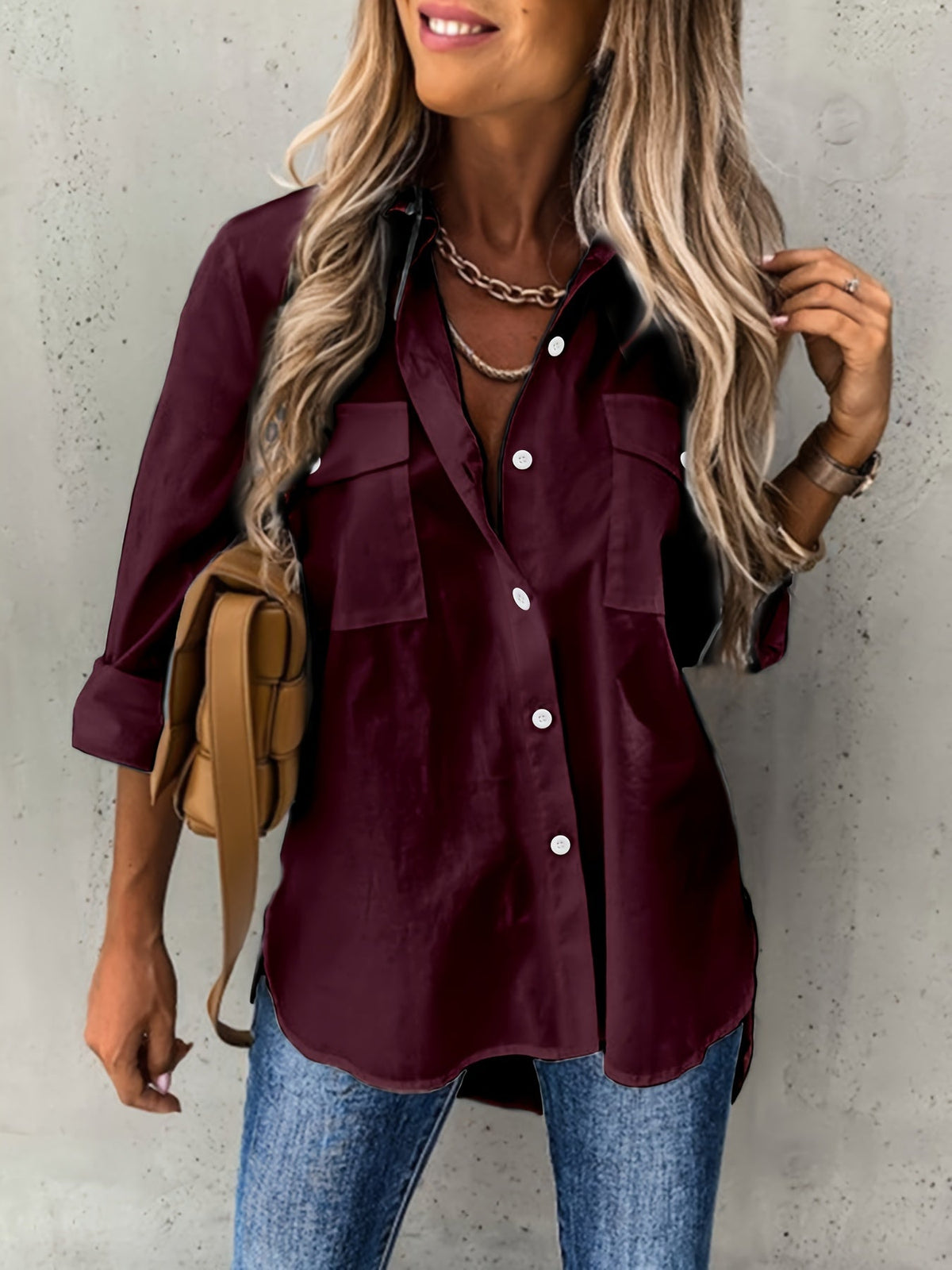 Women's Solid Color Button-Front Long Sleeve Shirt – Collared Woven Stretch Blouse for Office Business Casual Everyday Wear