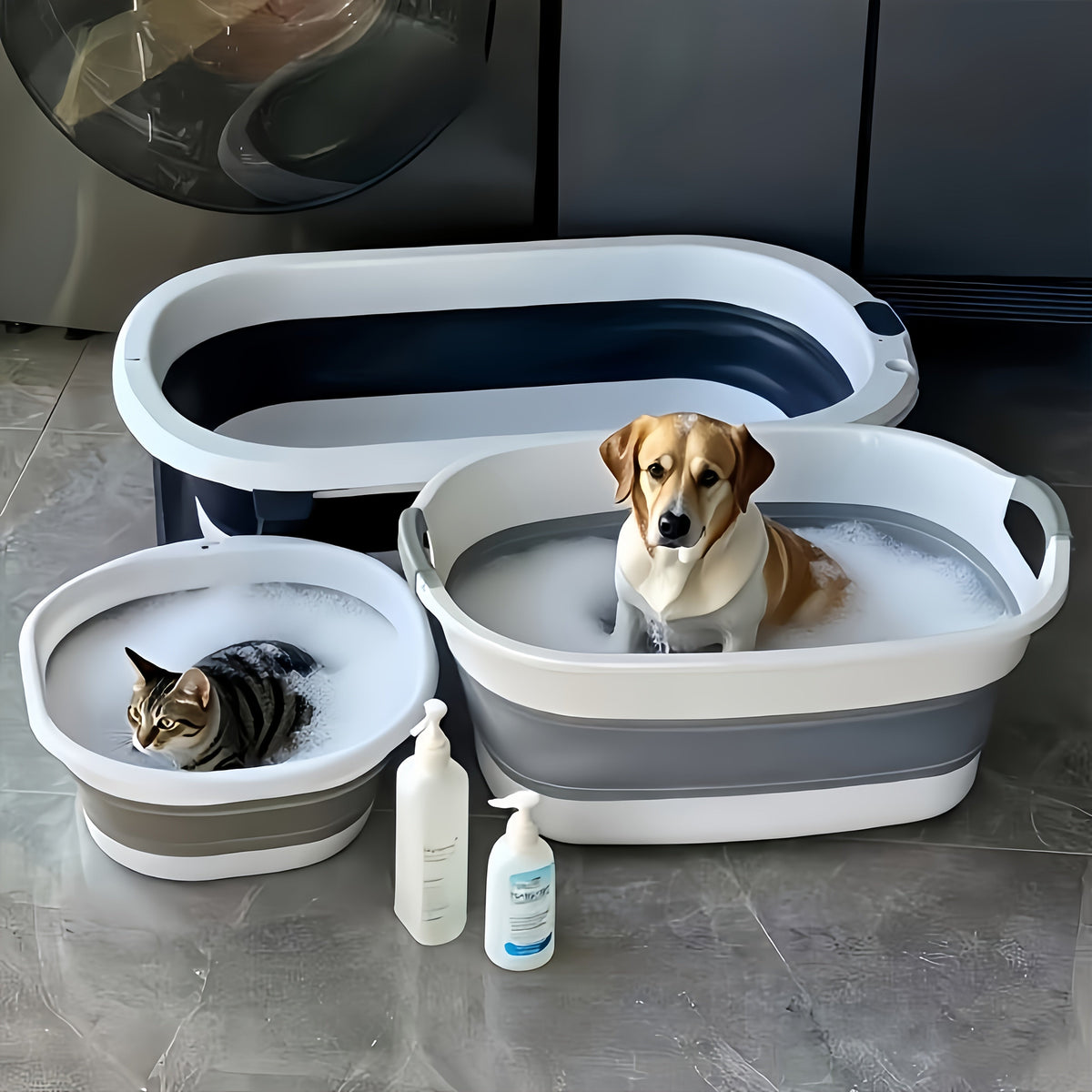 Collapsible Pet Bathtub with Grooming Brush Set – Portable Foldable Dog Cat Bath Tub for Small Pets, Travel & Camping Ready, Multi-Purpose Washing Basin for Home & Outdoor Use