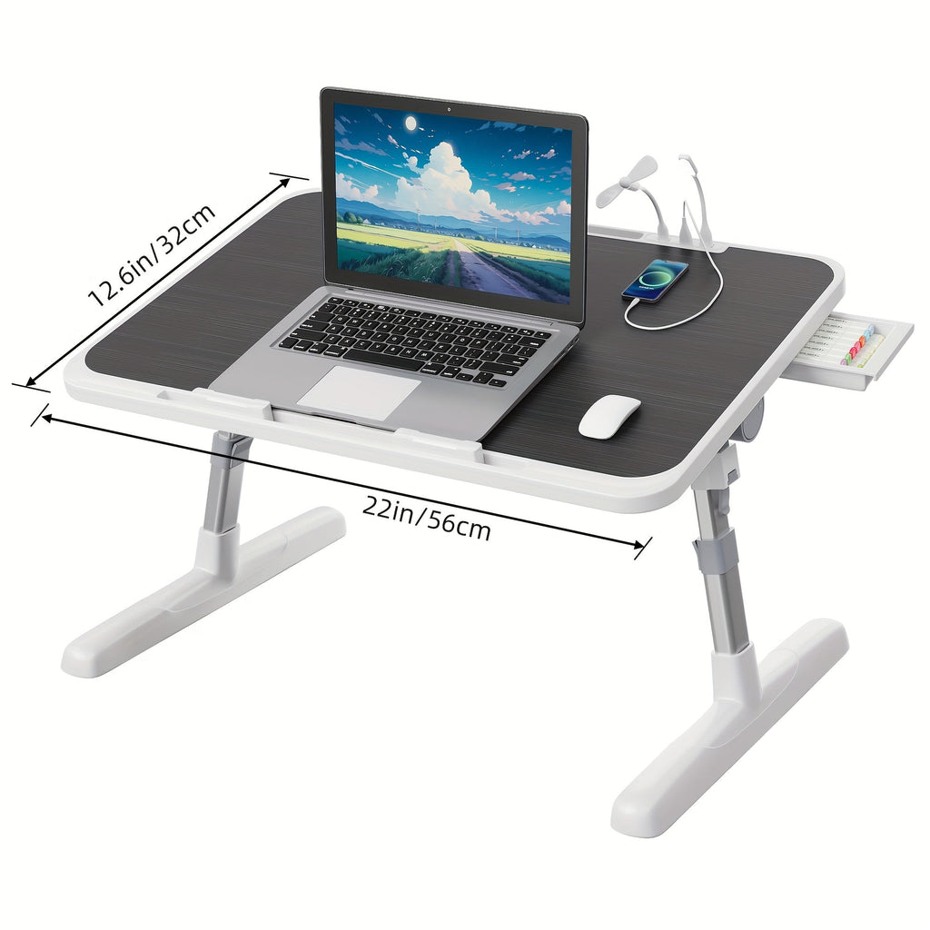 Lap Desk Bed Tray Table with USB Light Fan & Drawer – Adjustable Portable Laptop Stand for Bed Couch Sofa, Laptop Desk for Reading Writing Eating, 10 Colors & Sizes