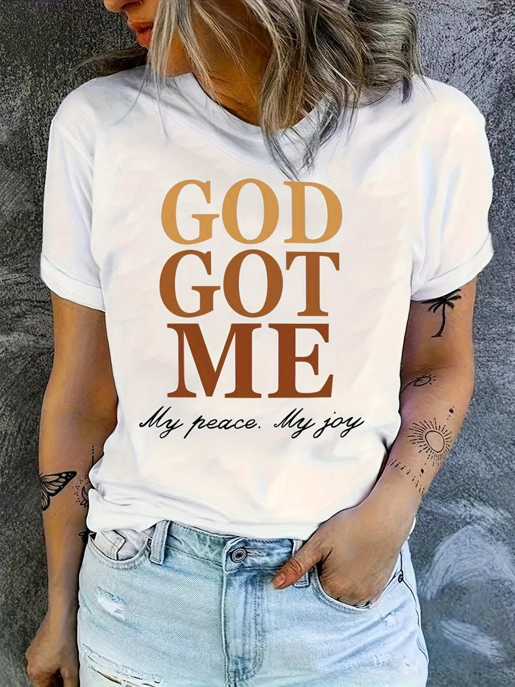God Got Me My Peace My Joy Women's Christian Graphic T-Shirt Black Crew Neck Faith Letter Print Casual Tee for Summer Spring Fall
