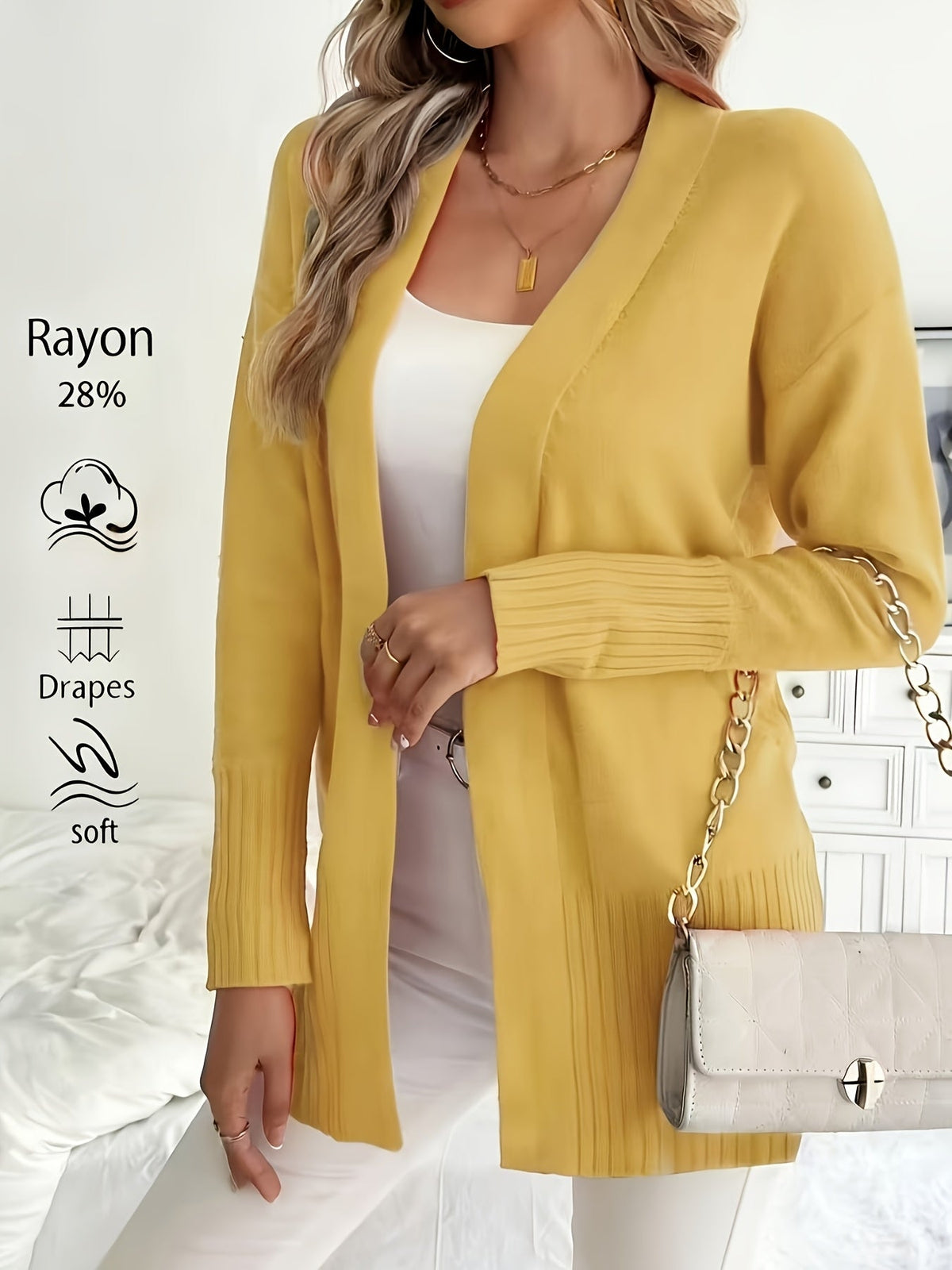 Women's V-Neck Drop Shoulder Long Cardigan Sweater – Loose Fit Soft Knit in 16 Colors for Autumn & Winter, 46% Acrylic 28% Viscose 26% Nylon