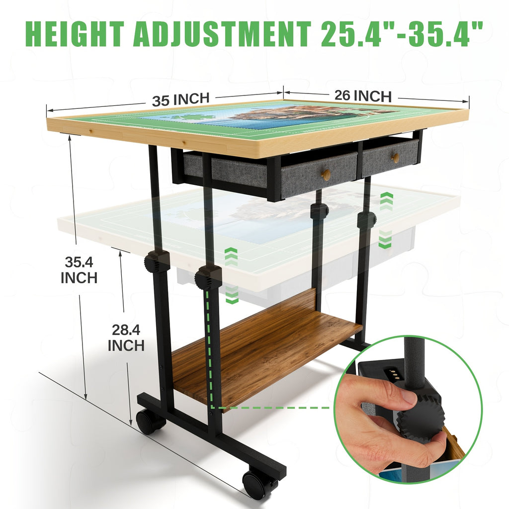 Wooden Puzzle Table with Legs, 6 Drawers & 4 Wheels - 5-Degree Tilting Board, Height Adjustable, Multi-Functional for Jigsaw Puzzles, Chess & Reading, Home Decor Gift (35x26" for 1500 pcs or 41x30" for 2000 pcs)